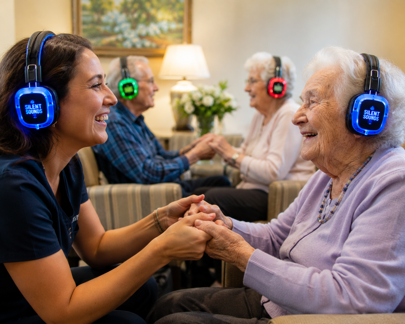 Carers and residents sharing a joyful silent headphone wellbeing session
