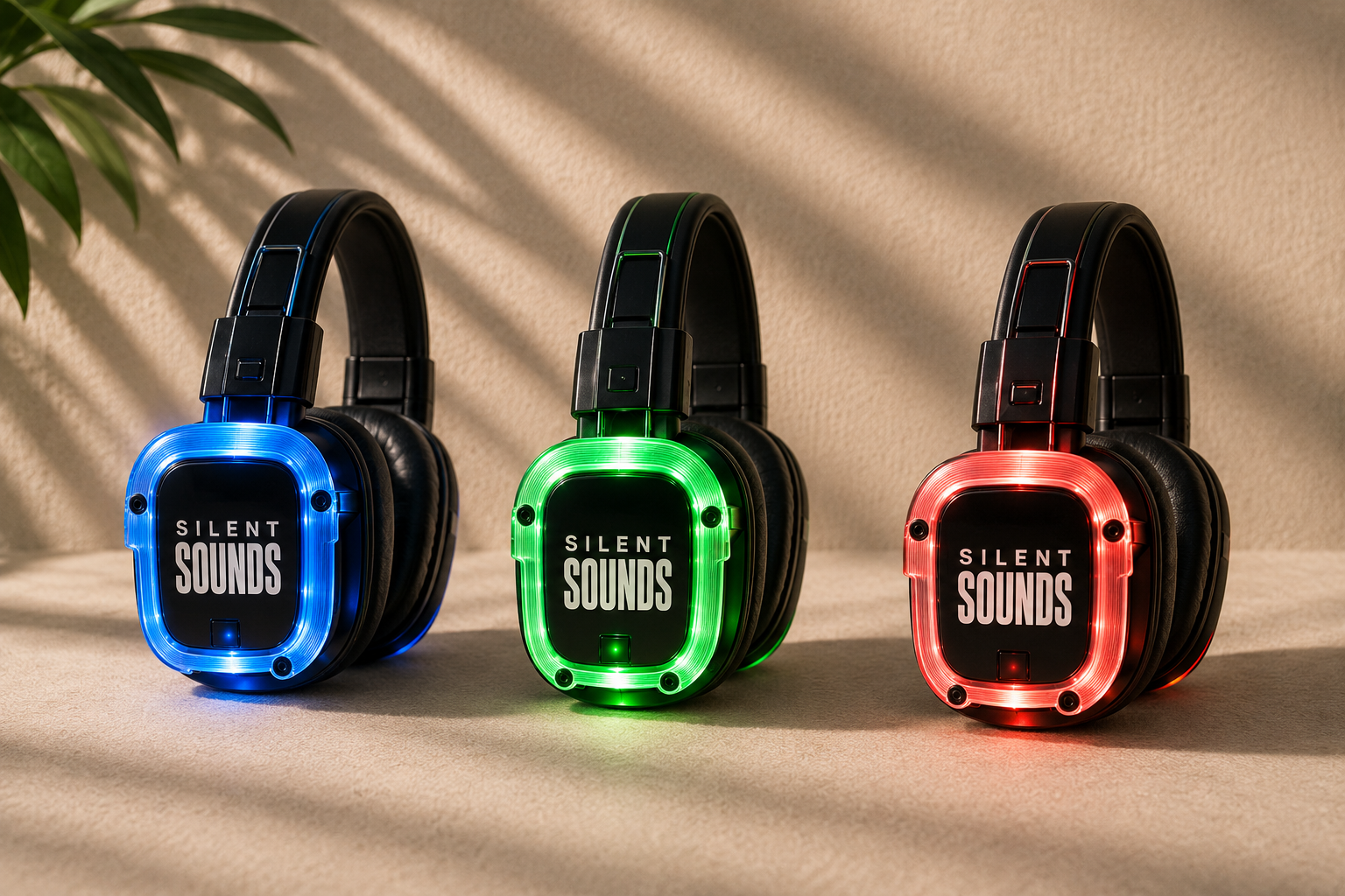 Blue, green and red silent disco headphones glowing on a cream backdrop