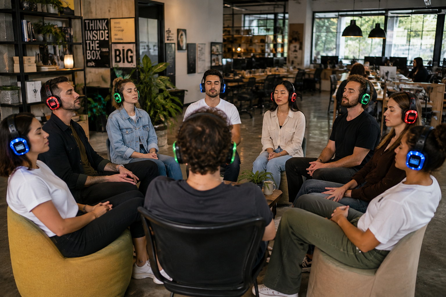 A group sitting in a circle wearing silent disco headphones, eyes closed, immersed in a Portal Activation