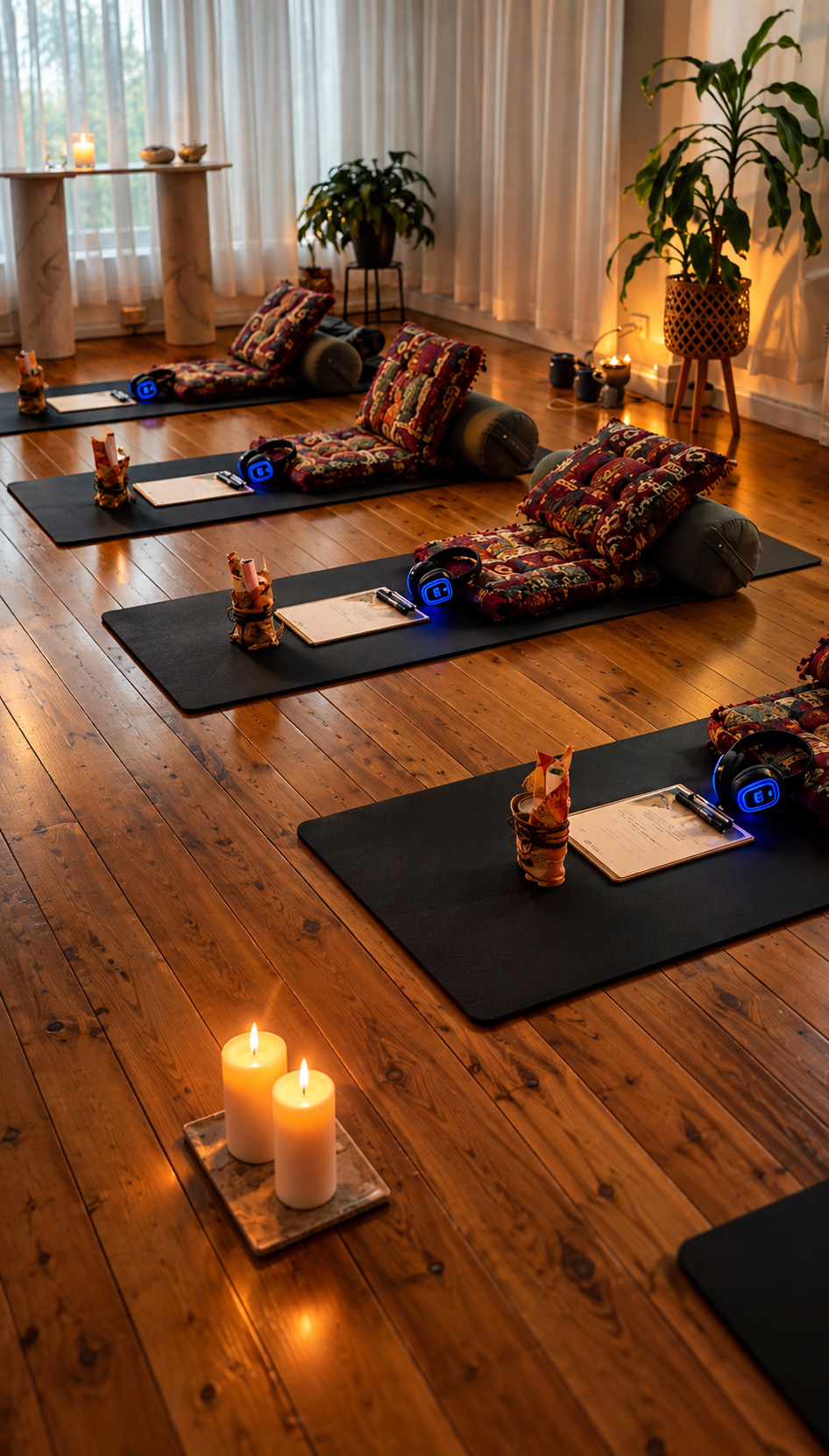 Yoga mats, cushions and glowing headphones set up with candles for a Portal Activation session